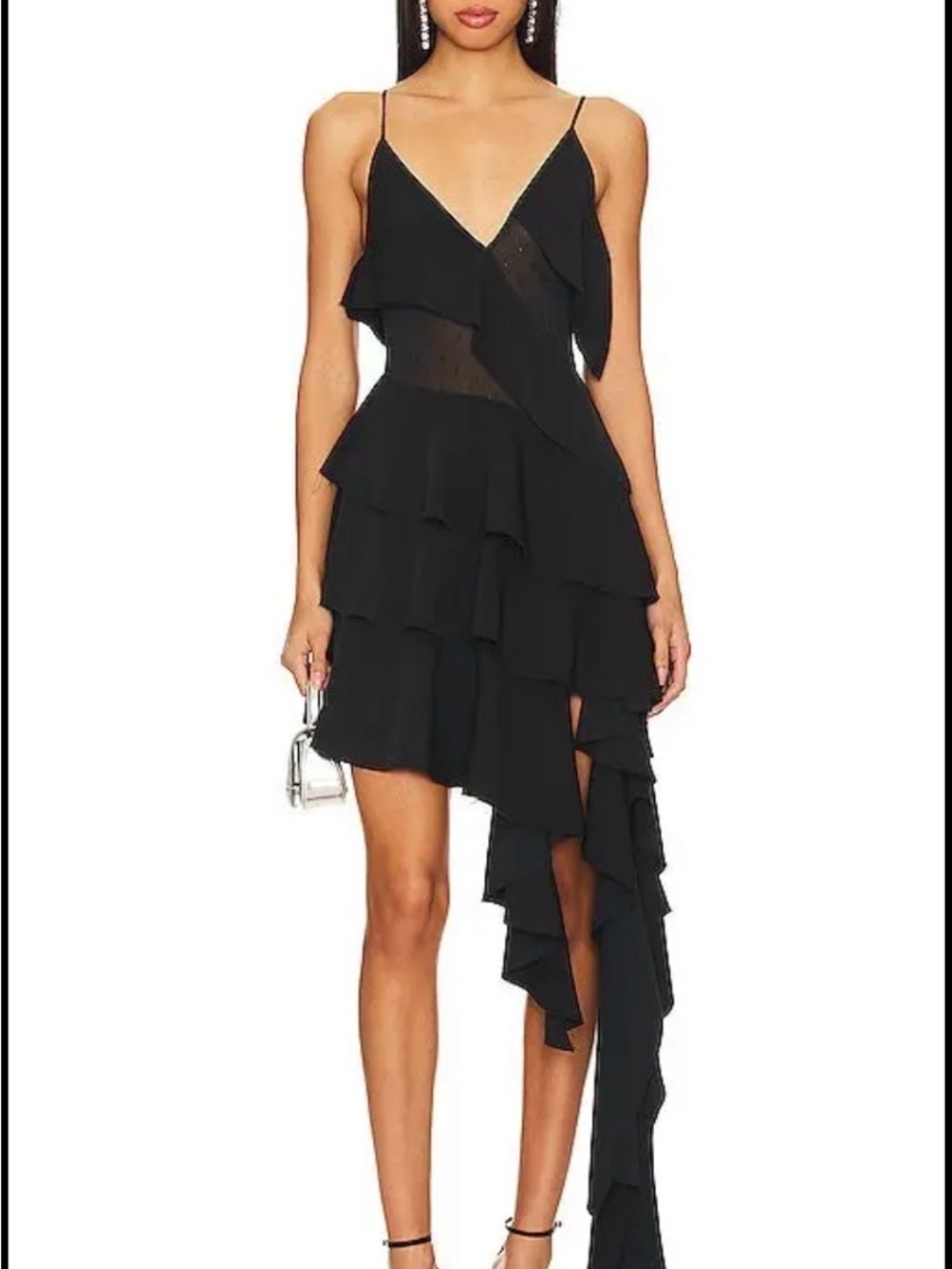 NBD Black Asymmetrical Ruffle Spaghetti Strap Dress